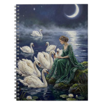 ケルトのスワン 月夜の湖 夜の幻想アート