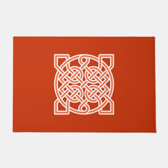 ケルトのセーラーの結び目、マンダリンオレンジと白 ドアマット (正面)