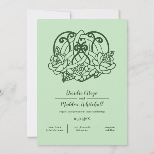 ケルトのトリケトラ アイリッシュ ハート グリーン ハンドファスティング 招待状 (正面)