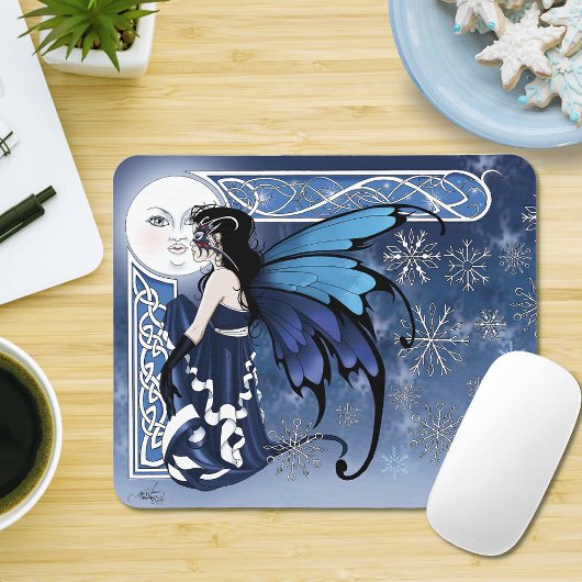 ケルトの冬の月妖精 青い雪の結晶 ファンタジー マウスパッド