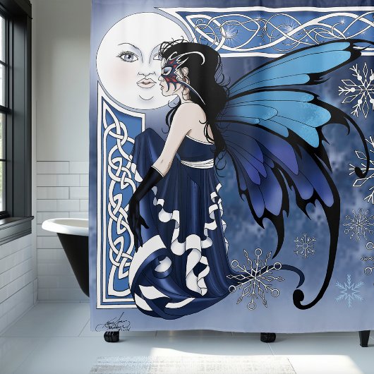ケルトの冬の月・妖精・青・雪の結晶・幻想 シャワーカーテン