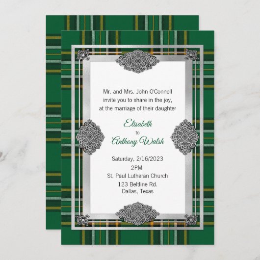ケルトの枠を持つアイルランドの国結婚際プレイド 招待状 (正面/裏面)