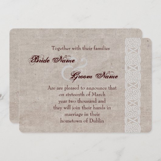 ケルトの結び目が施された素朴な麻布の伝統的なアイルランド風 セーブザデート (正面/裏面)