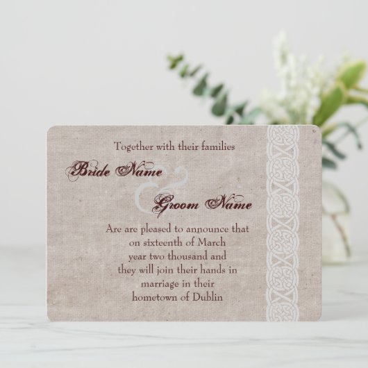 ケルトの結び目が施された素朴な麻布の伝統的なアイルランド風 セーブザデート (スタンド正面)