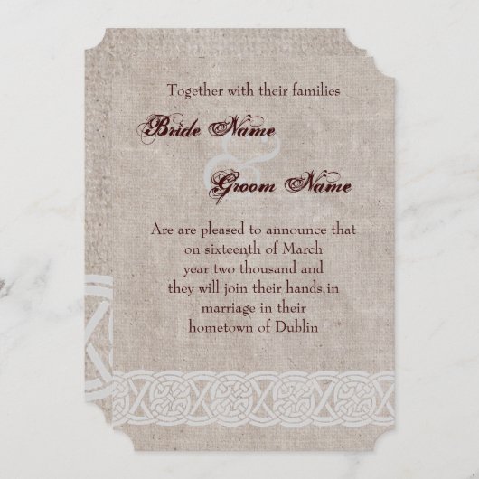 ケルトの結び目が施された素朴な麻布の伝統的なアイルランド風 招待状 (正面/裏面)