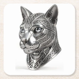 ケルトの銀の猫の頭 - 隠密の戦士へ スクエアペーパーコースター