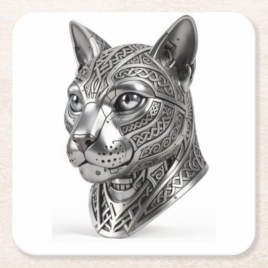 ケルトの銀の猫の頭 - 隠密の戦士へ スクエアペーパーコースター (正面)