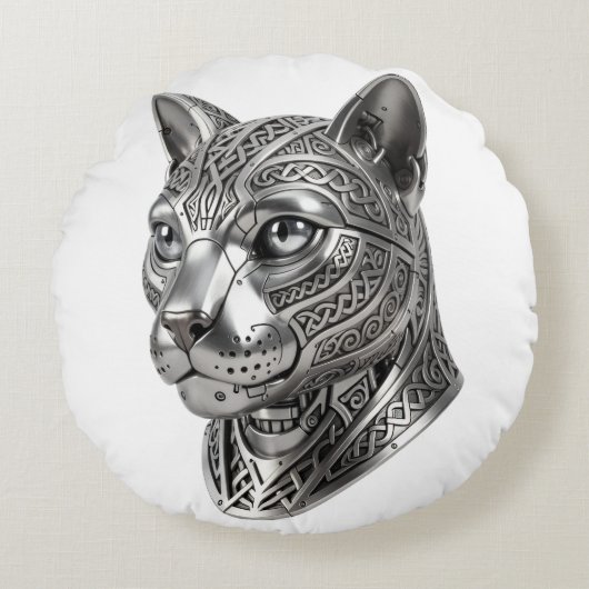 ケルトの銀の猫の頭 - 隠密の戦士へ ラウンドクッション (正面)