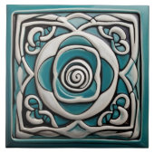 ケルトインスパイアターコイズと白バラ花 タイル (正面)