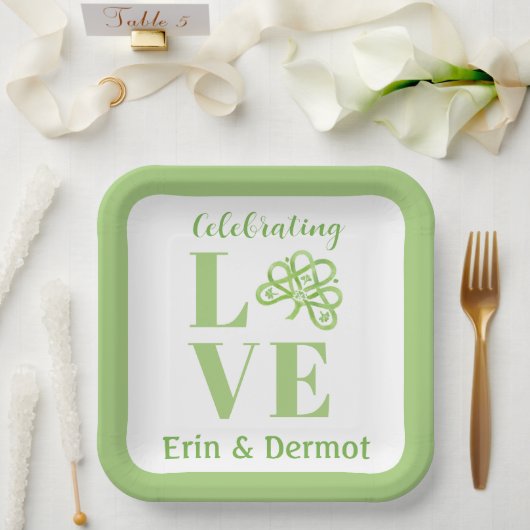 ケルトグリーンの水彩画シャムロックNAMEウェディング ペーパープレート (ウェディング)