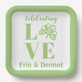 ケルトグリーンの水彩画シャムロックNAMEウェディング ペーパープレート