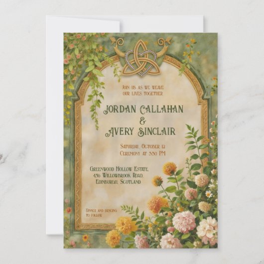 ケルトグリーンワイルドフラワーヴィンテージウェディング招待状 招待状 (正面)
