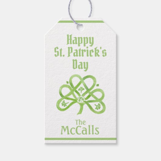 ケルトグリーン水彩シャムロック St Patricks NAME ギフトタグ (正面)