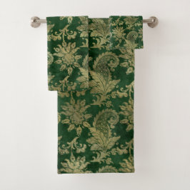 ケルトグリーン金ゴールドペイズリーフローラルパターン バスタオルセット