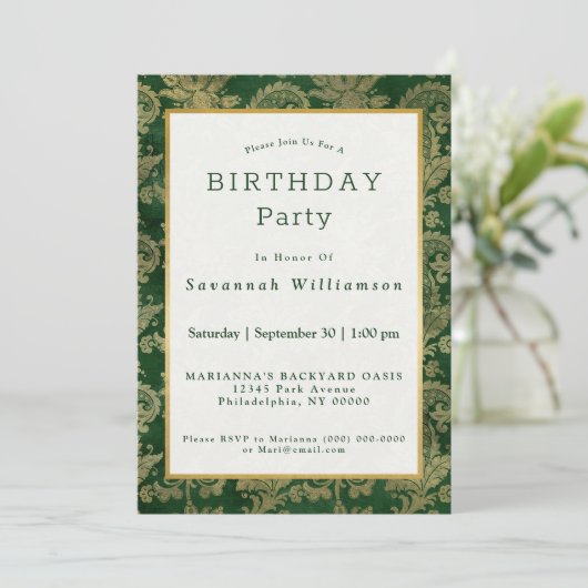 ケルトグリーン金ゴールドペイズリーフローラ誕生日 招待状 (スタンド正面)