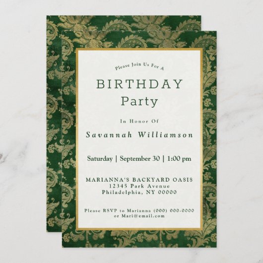 ケルトグリーン金ゴールドペイズリーフローラ誕生日 招待状 (正面/裏面)
