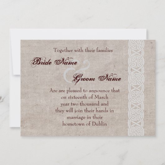 ケルトノットが施された素朴な麻布 アイルランドの伝統的な セーブザデート (正面)