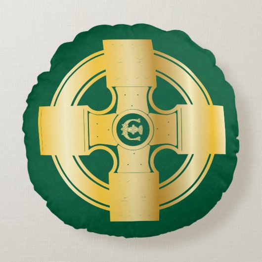 ケルト十字ケルト結び目模様文字Eモノグラム ラウンドクッション (正面)