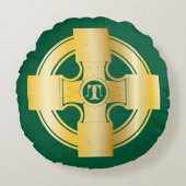 ケルト十字ケルト結び目模様文字Tモノグラム ラウンドクッション (正面)