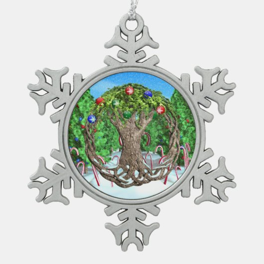 ケルト族のクリスマスツリー スノーフレークピューターオーナメント (正面)