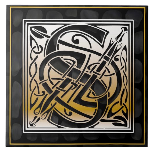 ケルト族の黒い石Sのモノグラムのイニシャルのタイル タイル (正面)