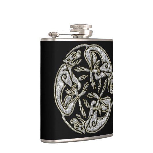 ケルト族犬の伝統的なオーナメントの金ゴールドおよび銀 フラスク (右)