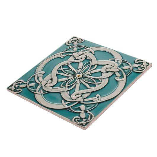 ケルト結び目模様インスパイアターコイズと白花 タイル (側面)