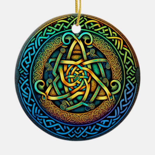 ケルト結び目模様カラフル結び糸細工 セラミックオーナメント (正面)