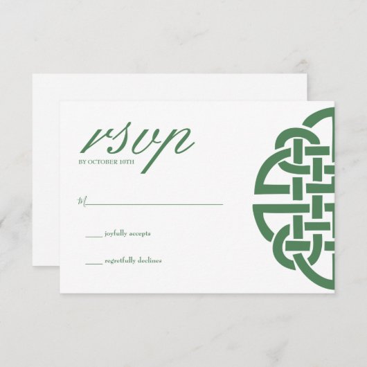 ケルト結び目模様クラシックグリーン&ホワイトハンドスティング 出欠カード (正面/裏面)