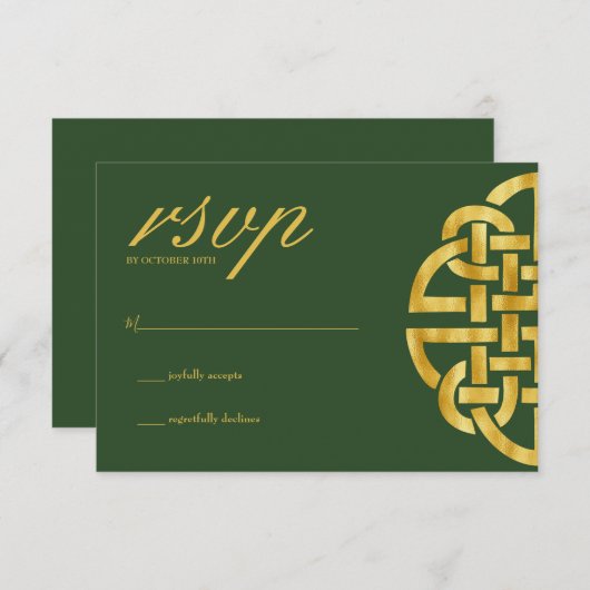ケルト結び目模様クラシックグリーン&金ゴールドハンドスティング 出欠カード (正面/裏面)