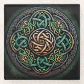 ケルト結び目模様グリーン金ゴールド結び糸細工 ガラスコースター (正面)