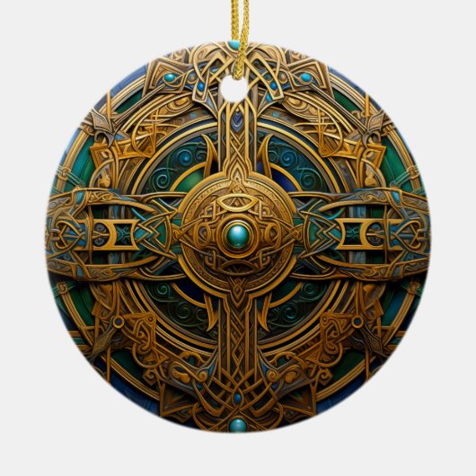 ケルト結び目模様グリーン金ゴールド結び糸細工 セラミックオーナメント (正面)