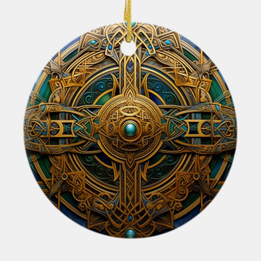 ケルト結び目模様グリーン金ゴールド結び糸細工 セラミックオーナメント (裏面)