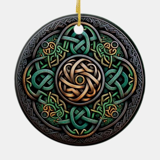 ケルト結び目模様グリーン金ゴールド結び糸細工 セラミックオーナメント (裏面)
