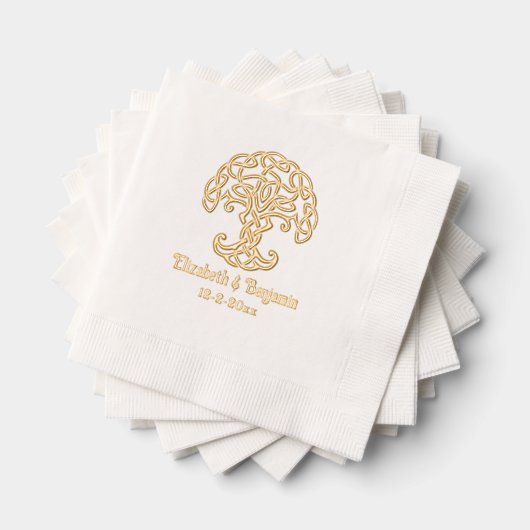 ケルト結び目模様ツリーのライフ・カップル名の日付 箔ナプキン (インサイチュ (積み重ね))