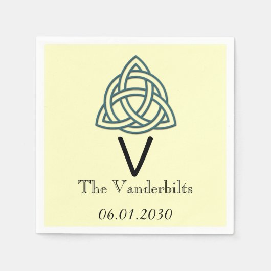 ケルト結び目模様ティール（緑がかった色）アイボリーモノグラム結婚ズ スタンダードカクテルナプキン (正面)