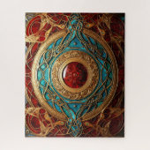 ケルト結び目模様ティール(緑がかった色)レッド金ゴールド結び糸細工 ジグソーパズル (縦)