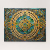 ケルト結び目模様ブルーグリーン金ゴールド結び糸細工 ジグソーパズル (横)