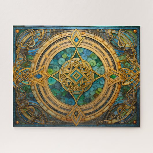 ケルト結び目模様ブルーグリーン金ゴールド結び糸細工 ジグソーパズル (横)