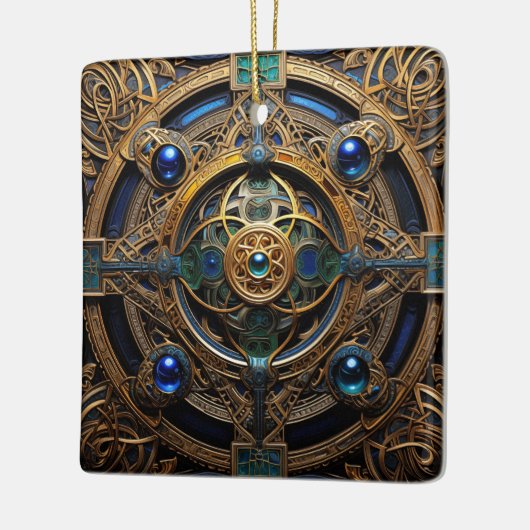 ケルト結び目模様ブルー金ゴールド結び糸細工 セラミックオーナメント (左)