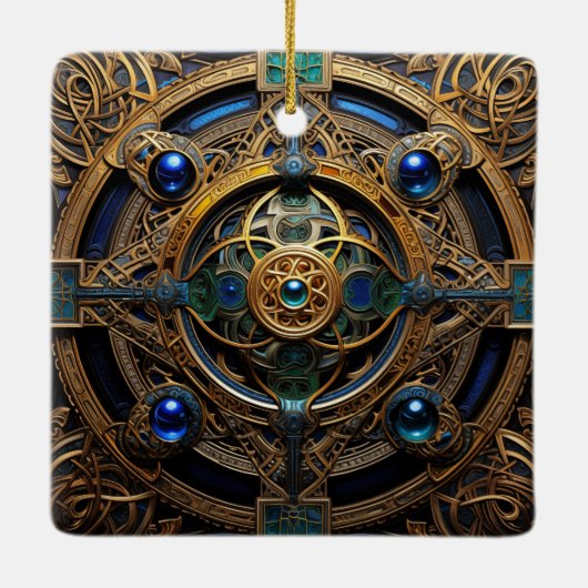 ケルト結び目模様ブルー金ゴールド結び糸細工 セラミックオーナメント (裏面)