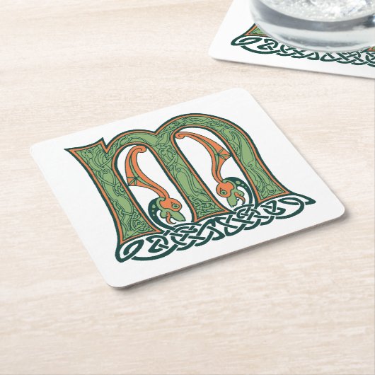 ケルト結び目模様レターM，アイルランドデザイン スクエアペーパーコースター (アングル)