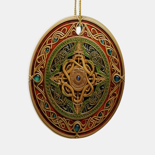 ケルト結び目模様レッドグリーン金ゴールド結び糸細工 セラミックオーナメント (右)