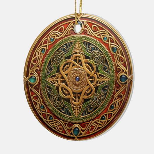 ケルト結び目模様レッドグリーン金ゴールド結び糸細工 セラミックオーナメント (左)