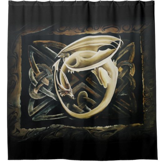 ケルト結び目模様ワーククリームドラゴン シャワーカーテン (正面)