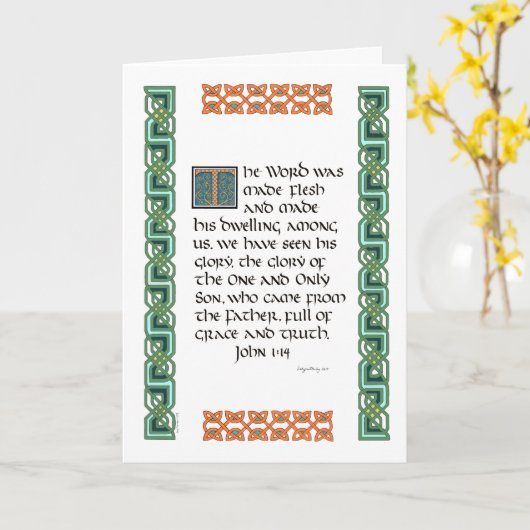 ケルト結び目模様縁ど書道John 1:14クリスマス カード (黄色い花)
