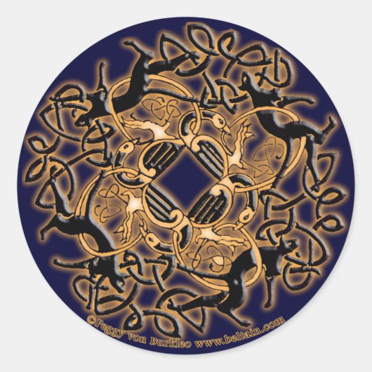 ケルト結び糸細工キャットスティッカー、ブルー ラウンドシール (正面)