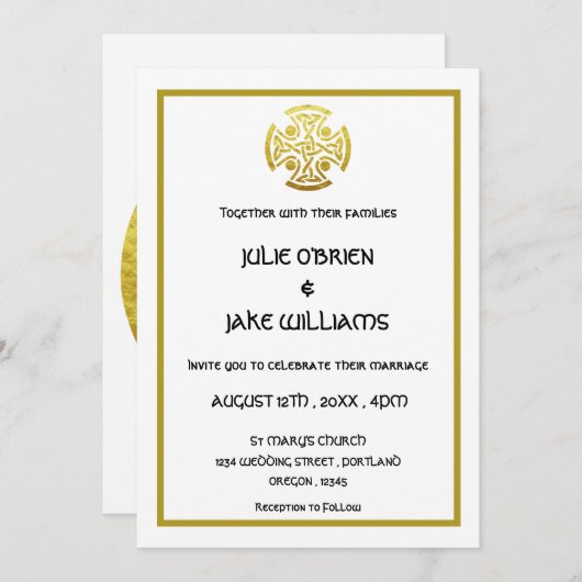 ケルト結婚スのフェイク金ゴールドケルト結び目模様クロス 招待状 (正面/裏面)