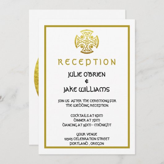 ケルト結婚スのフェイク金ゴールドケルト結び目模様クロス 招待状 (正面/裏面)