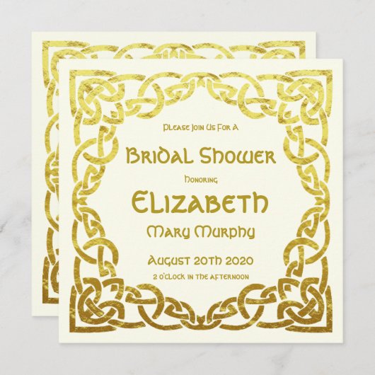 ケルト結婚スフェイク金ゴールドケルト結び目模様ブライダルシャワー 招待状 (正面/裏面)